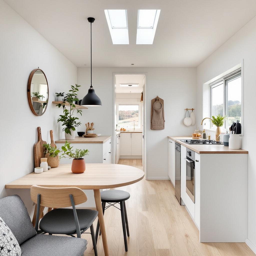 Interior of a modern compact minor dwelling in New Zealand with open plan kitchen living area
