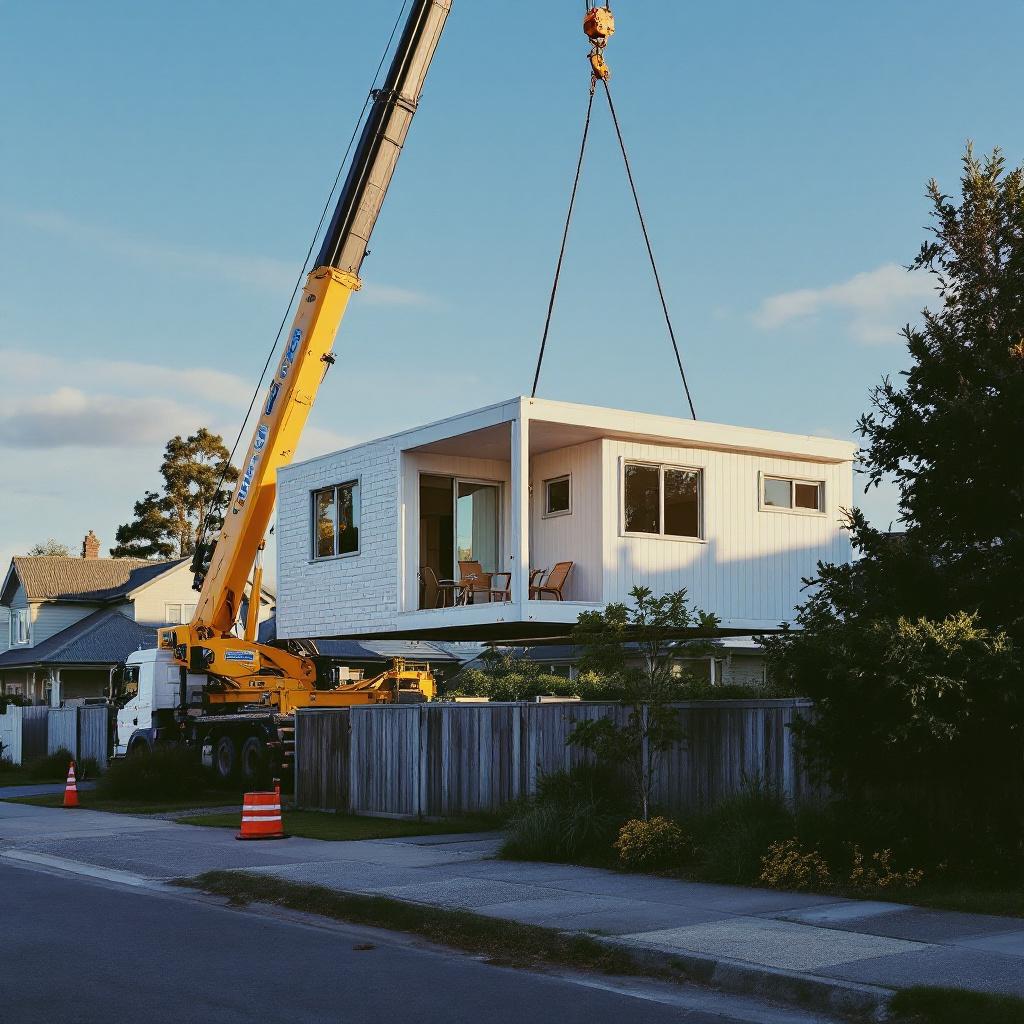 Prefabricated transportable minor dwelling being craned onto a suburban Auckland section
