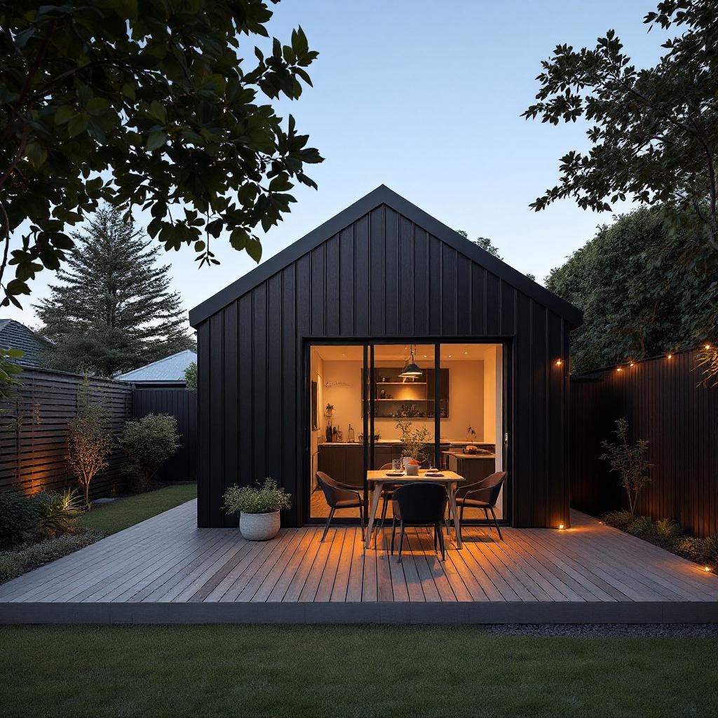 Completed backyard minor dwelling with black cladding and deck in Auckland evening light