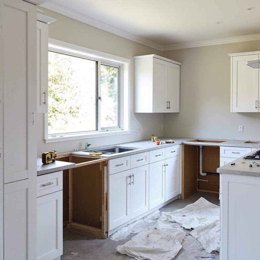 Kitchen renovation in progress in Auckland with partially installed cabinetry and tradesperson tools
