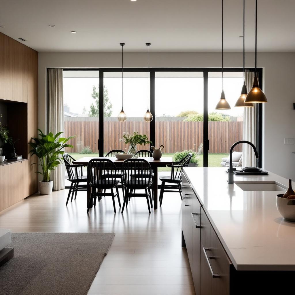 Modern open-plan kitchen and dining renovation in an Auckland home, stone benchtop and timber table