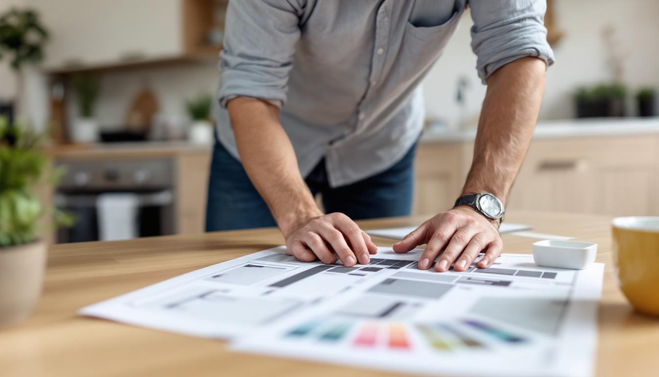Homeowner reviewing bathroom renovation plans, swatches, and tile samples at a kitchen table