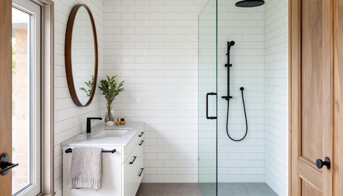 Affordable bathroom renovation Auckland with white tiles, wall mounted vanity, and frameless shower