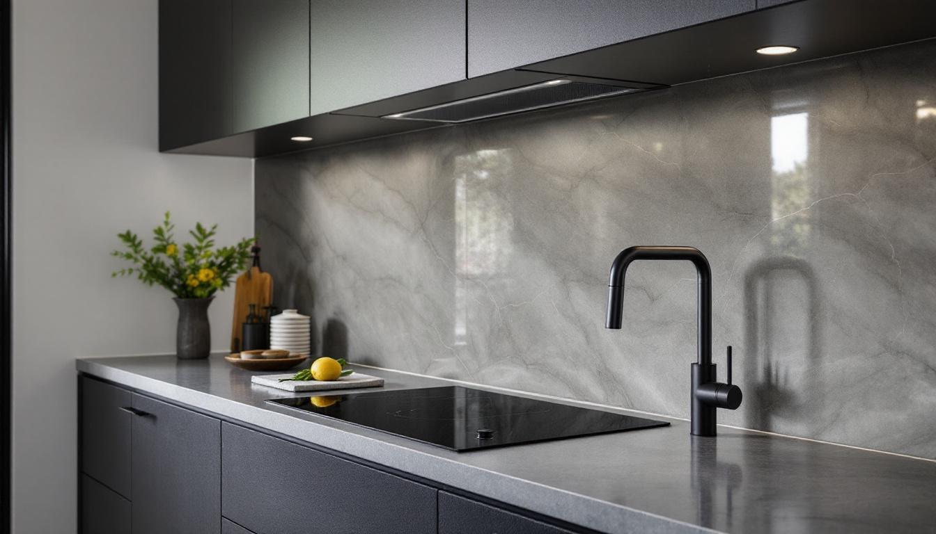 Engineered stone splashback matched to benchtop in a modern Auckland kitchen