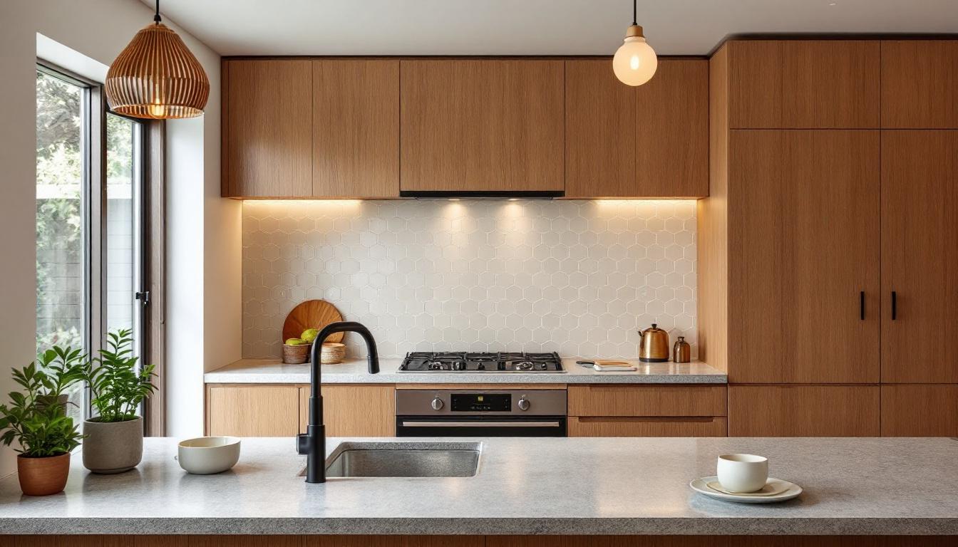 Auckland villa kitchen with timber cabinets, handmade zellige tile splashback, and warm pendant lighting