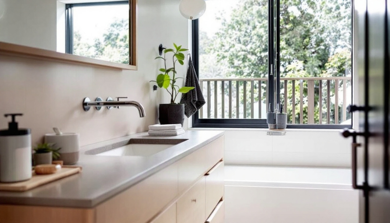 Modern sustainable bathroom renovation in an Auckland home with timber vanity, low flow tapware, and natural light