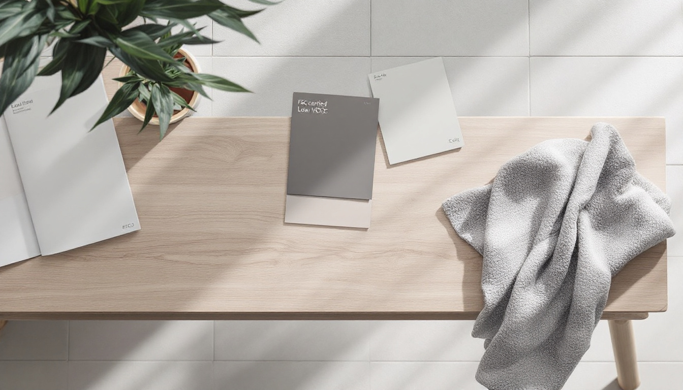 Eco-friendly bathroom material choices in New Zealand including FSC timber vanity, porcelain tile, and low VOC finishes