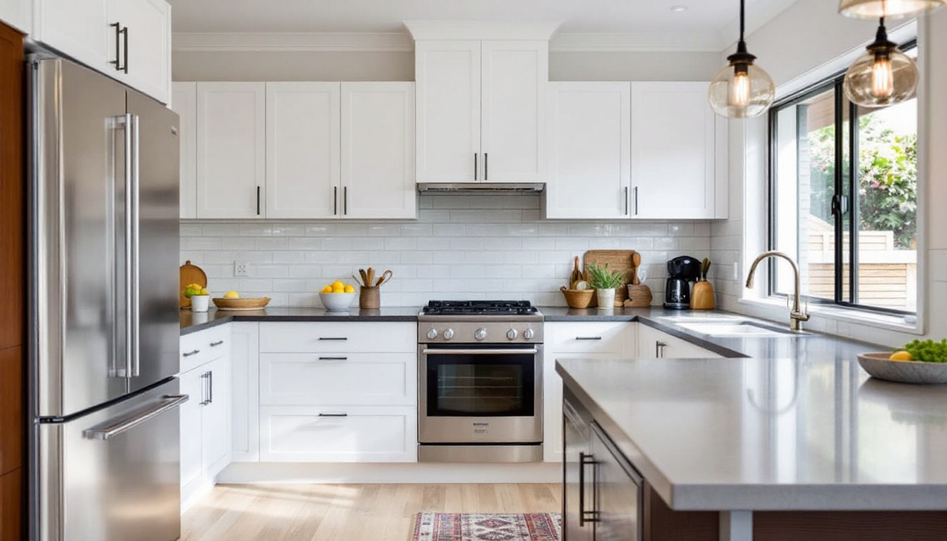 Renovated modern kitchen in an Auckland home with white cabinetry, stone benchtop, and pendant lighting