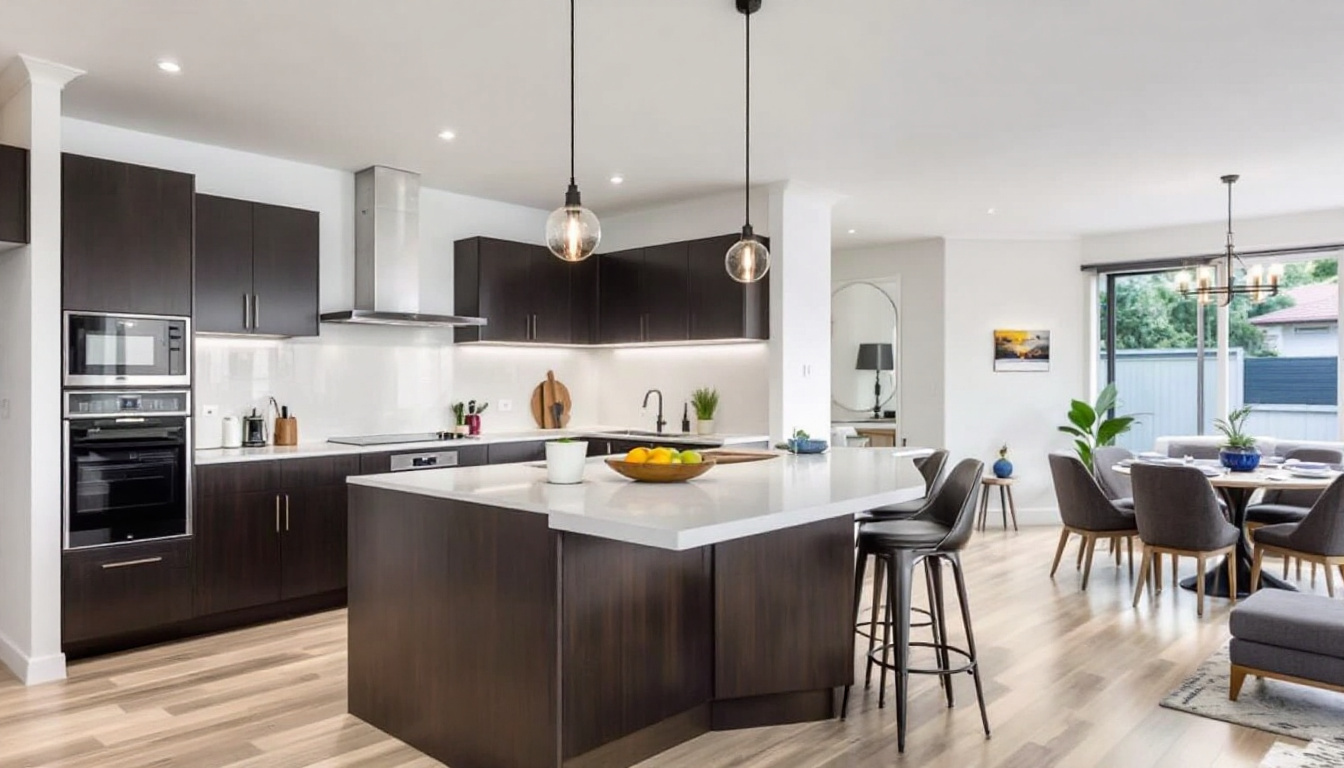 Open plan Auckland kitchen and living space showing improved workflow and storage after renovation