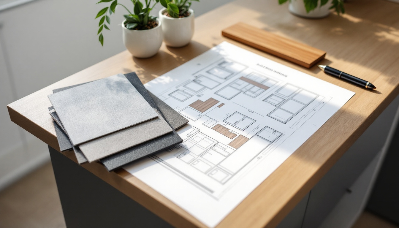 Detailed kitchen renovation planning with cabinetry layout and benchtop material samples on a bench