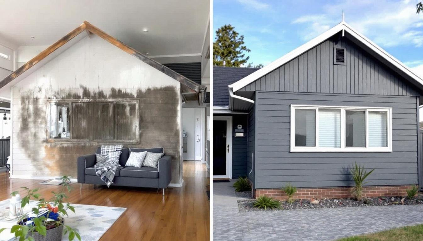Before and after recladding — leaky monolithic plaster home transformed with new weatherboard cladding